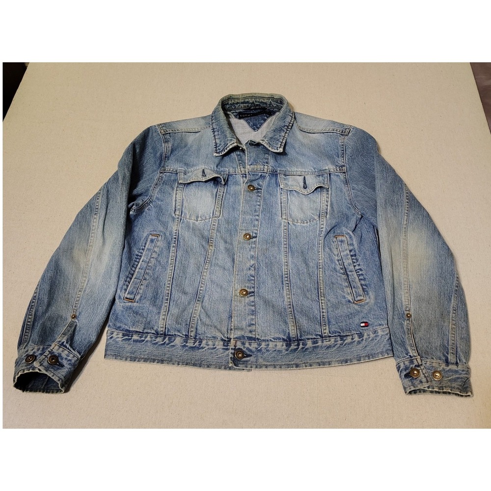 Vintage Tommy Hilfiger Mens Denim Jean Jacket Blue Wash Button Front Size L